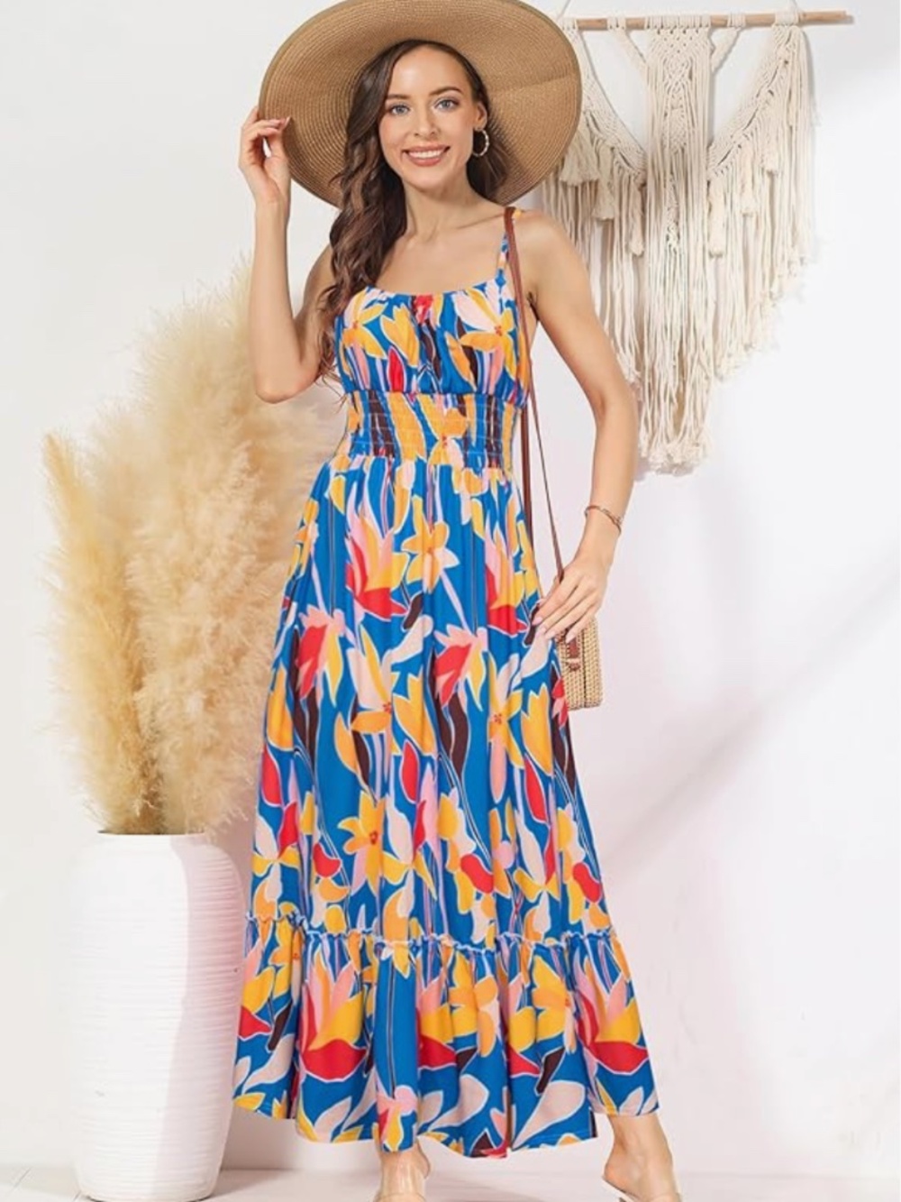Grace Karin Blue Floral Maxi Dress with Yellow and Pink Blooms